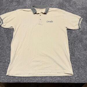 Corvette Mens L Polo Shirt Beige Pique Short Sleeve Embroidered Gray Black Trim